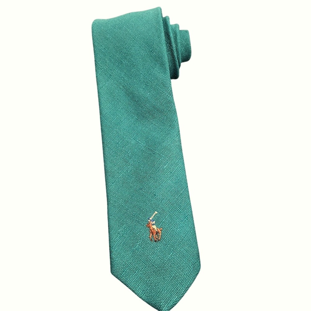 Polo Ralph Lauren Mens Kelly Green 100% Linen Handmade Pony Logo Necktie 3" W